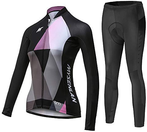 MYSENLAN Damen Radtrikot Fahrradbekleidung Set Fahrrad Trikot mit Elastische Atmungsaktive Schnell Trocknen Stoff Longarm+Radhose mit 3D Sitzpolster Radsport-Anzüge,Schwarz,L