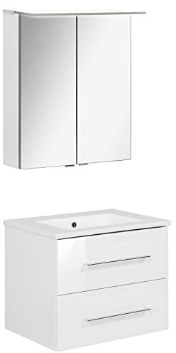 FACKELMANN weisses Badmöbel Set B.Perfekt 2-TLG. mit Waschtisch Unterschrank inkl. Keramikbecken hängend 60 cm & LED Spiegelschrank