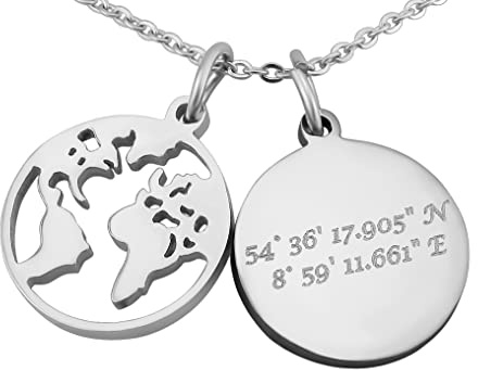 Hanessa Personalisierte Kette mit Gravur Edelstahl 50 cm mit Anhänger Weltkarte rund in silber - Personalisierte Halskette für Männer und Frauen - Personalisierter Schmuck Damen Herren