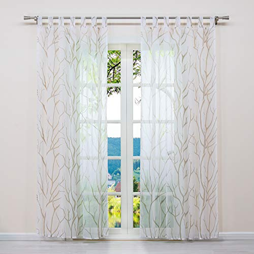 ESLIR Gardinen mit Schlaufen Vorhänge Fensterschal Transparent Schlaufenschal mit Zweige Muster Voile Weiß-Sand BxH BxH 140x245cm1 Stück