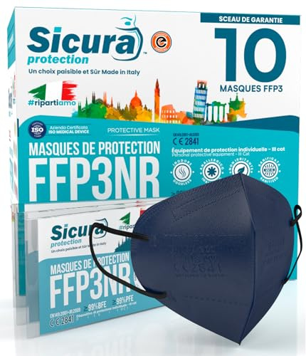 10 Mascherine FFP3 Made in Italy Certificate CE SICURA Blu Elastici Neri | PFE ≥99% | BFE ≥99% SANIFICATA e sigillata singolarmente