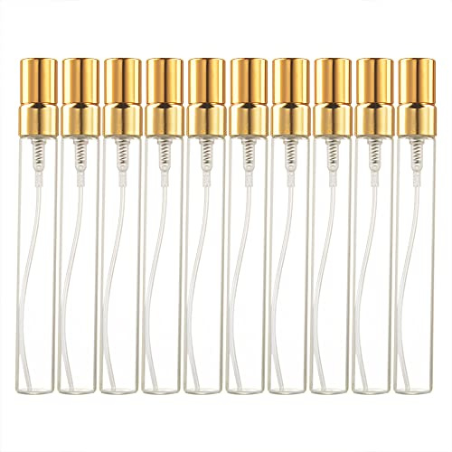 Enslz 10 ml 10 Stück Glas-Sprühflasche, nachfüllbar, Parfümzerstäuber, Mini-Proben-Testflasche, dünne Glasfläschchen (Gold)