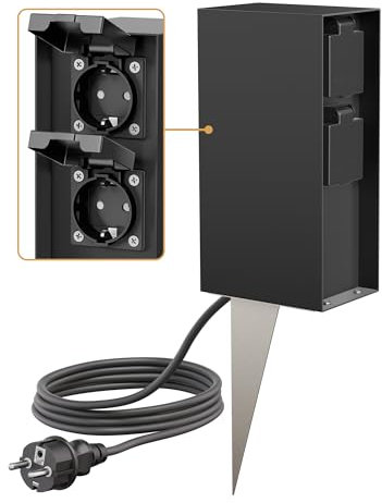 ledscom.de Columna de Enchufe para jardín POMI con Pica de Tierra y Cable de 2m para Exterior, IP44, cuádruple, Negro, Angular, 23cm