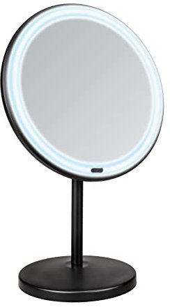 WENKO LED Stand-Kosmetikspiegel Onno, dimmbarer Spiegel mit LED-Beleuchtung und 5-Fach Vergrößerung, EIN-/Ausschalten per Touch-Funktion, Betrieb mit Batterien oder USB-Kabel, 20x34x13,5 cm, Schwarz