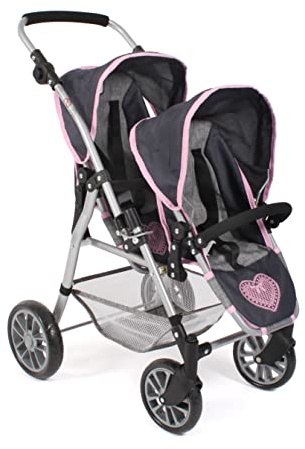 Bayer Chic 2000 - Cochecito para muñecas Twinny, Cochecito Doble para Dos muñecas, Cochecito Gemelo para niños de 4 a 8 años, Melange Gris-Azul Marino
