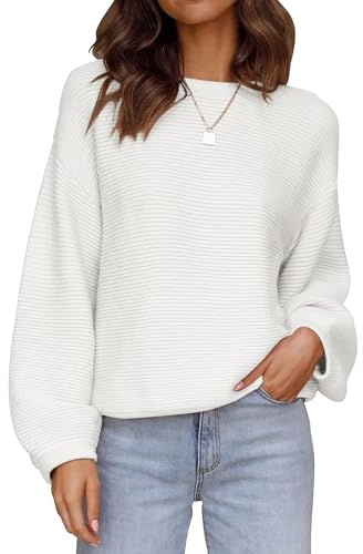 ZESICA Women's Crew Neck Long Lantern Sleeve Fall 2025 Casual Loose Ribbed Knit Solid Soft Pullover Sweater Tops,White,Large