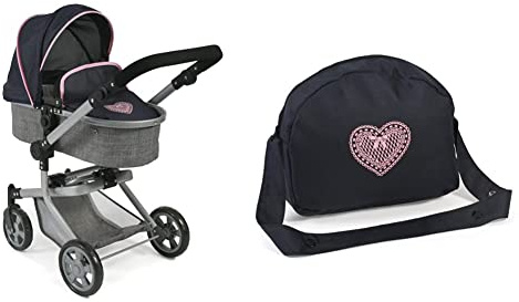 Bayer Chic 2000 - 59526 - Puppenwagen Mika, 2in1 Kombipuppenwagen für Kinder von 4 bis 8 Jahren, Melange grau-Navy & Wickeltasche für Puppen, Puppenwickeltasche, Puppenzubehör, Melange grau, Navy