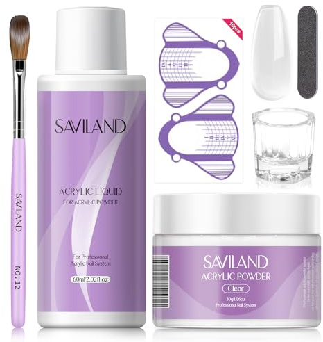 Saviland Acrylic Nail Kit with 30g Clear Powder and 60ml Liquid Set, Includes Brush, Nail Forms, Files, Dappen Dish for Acrylic Nail Extension, Starter Kit for Beginners Home DIY