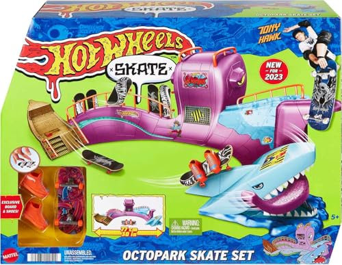 Hot Wheels Skate Octopark Skate-Set - Grind-Rails, Quarter-Pipes, Haikopf, Exklusives Fingerboard und Skateschuhe, für Kinder ab 5 Jahren, HMK01