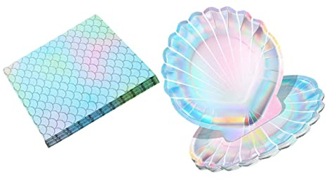 FELTECHELECTR 1Satz Mermaid Party Geschirr Set Muschel Papierplatten Meerjungfrauen Papierhandtücher Einweg Geschirr für Geburtstagsfeiern Hochzeiten und Partys