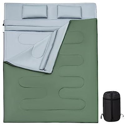 COSTWAY Sacco a Pelo Matrimoniale, Sacco a Pelo XL Matrimoniale per 2 Persone, con 2 Cuscini, per Campeggio, Escursionismo, Attività all'Aria Aperta, 220 x 150 cm (Verde)