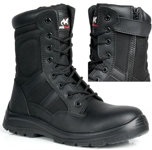 Taskforce - Stivali da combattimento da uomo, in pelle nera, con puntale in acciaio, leggeri, impermeabili, scarpe da pattuglia militare S1P SRC con cerniera e lacci, taglia, Nero , 42 1/3 EU