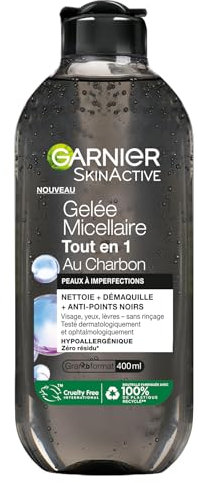 Garnier - Gelée Micellaire Tout en 1 au Charbon - Nettoie, Démaquille et Réduit les points noirs - Visage, Yeux et Lèvres - Peaux à Imperfections - 400 ml
