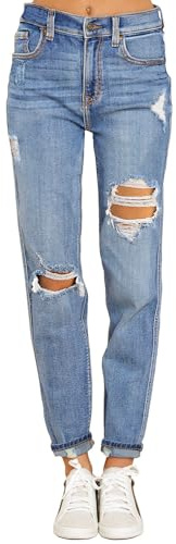 Roskiky Boyfriend High Waist Ripped Jeans - Distressed Mom Denim Pants With Stretch