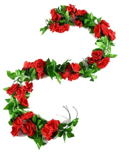 Yurosiay 2 Stück 2.4m Künstliche Rosengirlande Gefälschte Rosenrebe Kunstblumen Girlande Wie Echt Elegant Blumengirlande Rosen Seidenblumen Hängend Rebe für Hochzeit Party Garten Rot 1#
