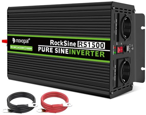 NOVOPAL Convertisseur Pur Sinus 1500WDC 24V à AC 220V/230V Onduleur2 Prise EU de Courant Alternatif et 1 Port USB-Puissance de Pointe 3000W transformateur de Tension