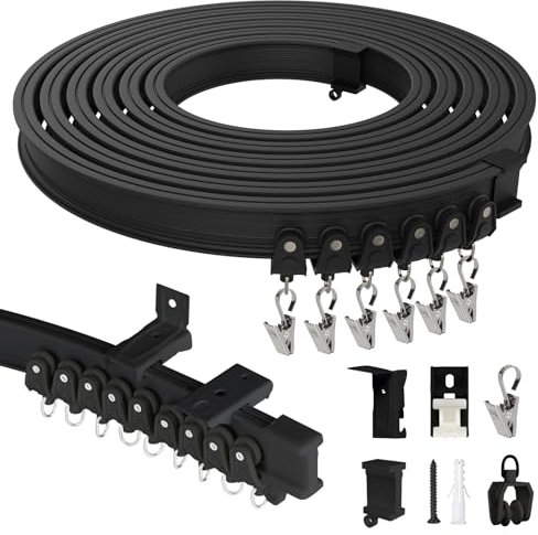 EFUTURETIME 10M Cortina Riel Flexible para Techo y Pared, Riel Cortina Camper de ABS con Poleas Silenciosas para Separación de Habitaciones, Cortinas, Ventanas, Hotel, Negro