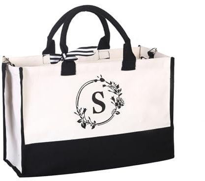 Jarsense Canvas-Tragetasche mit Stickerei-Initiale, personalisierte Buchstaben, bedruckte Tasche für Damen/Herren, wiederverwendbare Umhängetasche, Strandtasche für Alltag, Reisen,