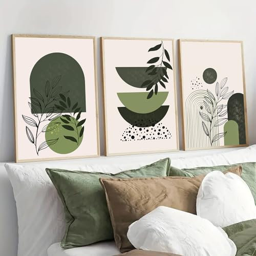 PWAAHDC Green Canvas Wall Art, Set of 3 Boho Prints, Beige and Sage Green Abstract Geometric Posters, Unframed A3 Home Decor for Living Room or Bedroom