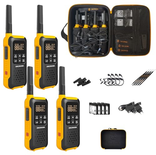 DC DECROSS 93 Walkie Talkie Professionelles Funkgerät bis zu 10 km, PMR446 16 Kanäle, VOX, Taschenlampe, IP67, Wetterfest, Freisprech, Ohrhörern, Wanderungen, Camping, Akku (4 STK.)
