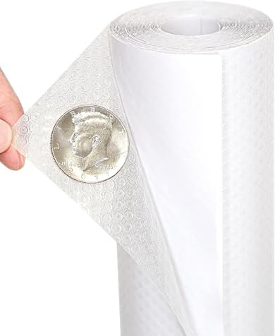 Hersvin Kitchen Drawer Liners 44.5cmx500cm Self-Adhesive Cupboard Liners, Cabinet Shelf Mats Non Slip Oil-Proof Waterproof EVA Plastic Protector Fridge Shelves Lining (Clear Flat Dot)