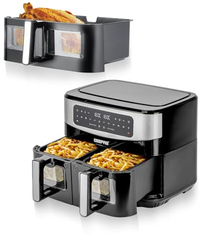 Geepas 9L XL Dual Zone Air Fryer & 10L Air Fryer Drawer Combo - 10-In-1 Functions, Touch Screen, Viewing Window, Dual Temperature Control, Match Cook, Smart Finish - Large Capacity, Batch Cooking