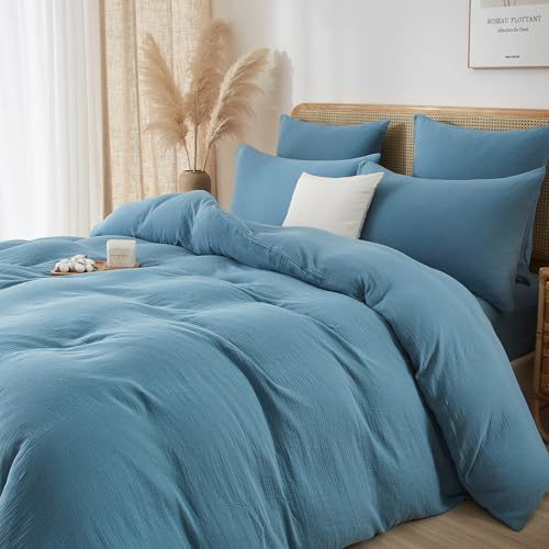 Luofanfei Baumwolle Muslin Bettwäsche 135x200 4teilig Petrol Blau Renforce Uni Sommer Kühlende Boho Bettwäsche Set Knitterlook Weiche Bettbezüge Bügelfrei mit Reißverschluss und Kissenbezüge 80x80