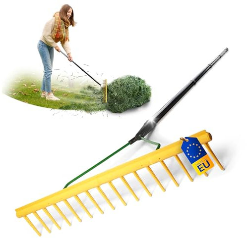 Novatool Gartenrechen mit Abziehkante, 16 Zinken und 4tlg Steck- & Schraubstiel, Arbeitsbreite 64,5 cm, Rechen aus Kunststoff und Metall, Laubsammler für den Garten, Laubrechen, Rasenrechen, Gelb