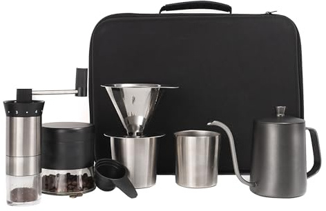 Pour Over Coffee Kit, All In One Hand Drip Coffee Set, Coffee Grinder, Reusable Filter Paper, 600ML Gooseneck Kettle, Coffee Spoon, Traveling Excellent Coffee Gift, for Outdoor Travel