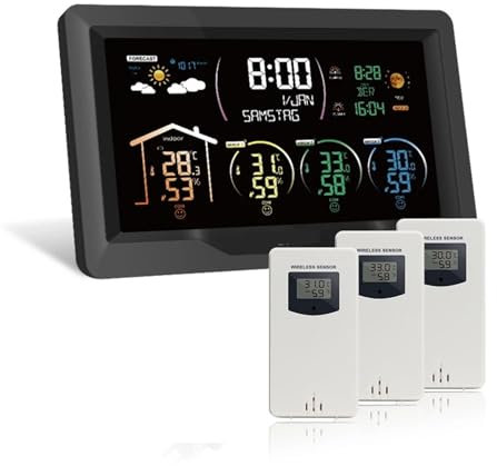 Estación meteorológica digital, estación meteorológica inalámbrica digital para interiores y exteriores, higrómetro, medidor de temperatura y humedad con 3 sensores, visualización de datos múltiples