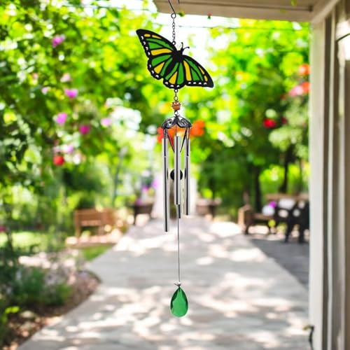 Suncatcher Green Butterfly Wind Chime (58cm x 14cm x 6cm) – Handmade Metal & Glass Hanging Chime – Outdoor Garden Ornament & Decorative Wind Bell for Patio, Balcony & Home Décor