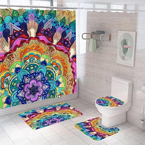 Badezimmerteppich Buntes Mandala Badteppich rutschfest Waschbar Badgarnitur 4 Teilig – Badematte Set Mit Wc-Vorleger Und Badematte,Teppich Badezimmer Für Sicherheit Und Komfort Im Bad 50×80Cm