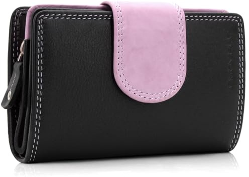 ekavale Geldbörse aus echtem Leder für Damen, Frauen Geldbeutel, Portemonnaie RFID (Schwarz-Antik-Pink)