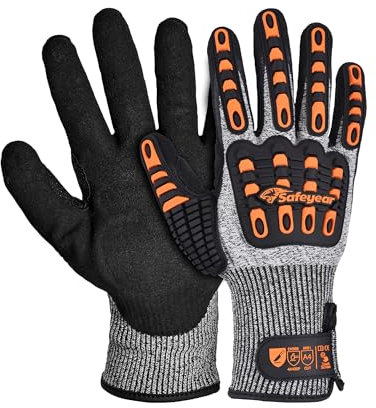 SAFEYEAR Level 5 Cut Resistant, guanti da lavoro con rivestimento in nitrile sabbia con protezione antiurto TPR, arancione, antiscivolo, anti-vibrazione, con touchscreen, taglia XL