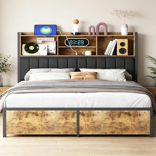 Metallbett 160x200 cm mit 2 großen Schubladen, Doppelbett Polsterbett mit LED-Kopfteil und USB-Anschluss, Schubladenbett Stauraumbett Jugendbett, Design in Vintage Braun+Schwarz (Typ B, 160x200cm)