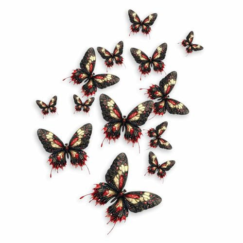 Black Red Butterfly Vinyl Decals, Stickers for Mirror, Walls, Bins and Cup | Cover Marks, Opaque Finish, No White Edges, Weatherproof, UK Manufactured, Qty:14, Use on Furniture, Laptops, Cars, Mugs