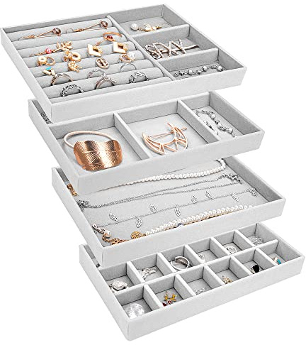 Jesustree Organisateur Bijoux Tiroir, 4Pcs Plateau à Bijoux Eempilable Rangement Collier pour la Maison et Bijouterie Boutique Ranger et Présenter des Boucles d'oreilles, Bagues