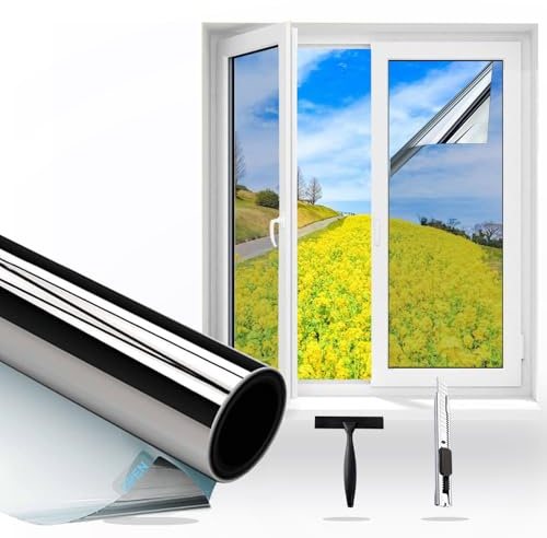 Gutsurge Spiegelfolie Fenster Sichtschutz 75x200cm Fensterfolie Sonnenschutzfolie Fenster Innen Privatsphäre Hitzeschutzfolie reflektierende UV-Schutzfolie Wärmeschutzfolie Rückstandslose Silber