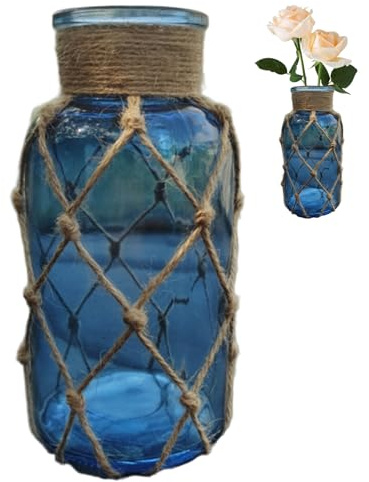 Vaso in vetro blu vaso per fiori blu alto 6, 4 pollici con rete di corda creativa bottiglia di vetro decorativa rustica per decorazioni moderne per la casa e matrimoni