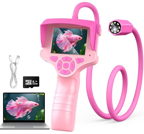 Microscopio Portatile per Bambina, Giocattolo Explorer per Ragazzi 3-12 anni - 2,4 pollici, Sonda Flessibile da 23,6 Pollici con Illuminazione, IP67, SD 32 GB - Regali di Compleanno per Pasqua - Rosa