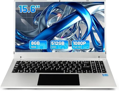 Hcjip Ordinateur Portable 15,6 Pouces, 8Go RAM 512Go SSD PC Portable, Celeron N5095 Processeur Quad-Core, FHD 1080P, USB 3.0, Mini HDMI, TF, Bluetooth, WiFi