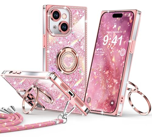 XYZ für iPhone 15 Hülle mit Band, HandyHülle mit Herzen Doppelring Ständer, Luxus Glitzer Bling Strass Diamond Mädchen Stoßfest SchutzHülle für iPhone 15 Case, Rosa