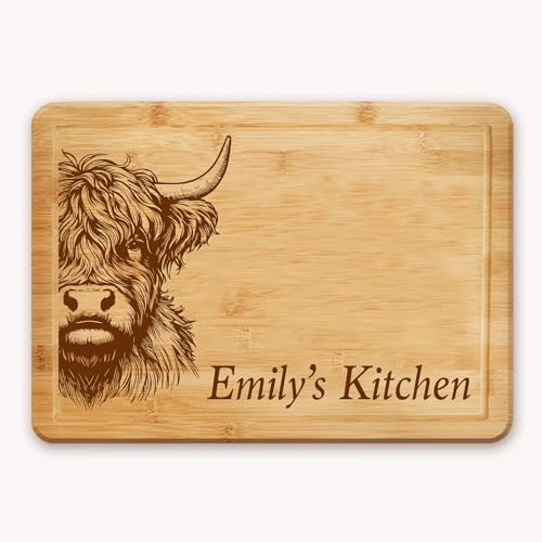 Highland Cow Themed Laser Engraved Chopping Board with Optional Personalised Name Or Message (Standard)