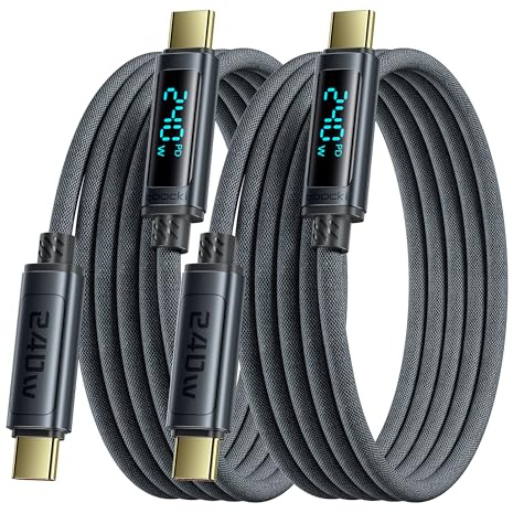 toocki Câble USB C 240W [1M, Lot de 2] PD3.1 Rapide, avec Écran LED, Gris | Cable Tressé Type C Charge Rapide, Affichage LED, pour MacBook/iPhone 17 Pro Max, 480Mbps Data & CarPlay, Idéal Bureau/Voyage