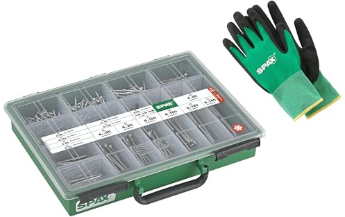 SPAX Schrauben-Set mit 14 Größen, Teilgewinde, Senkkopf, 384 St. & 3 Bits | Sortimentskasten mit Teilgewindeschrauben in 14 Abmessungen, inklusive Handschuhe, Korrosionsschutz und ETA-Zulassung.
