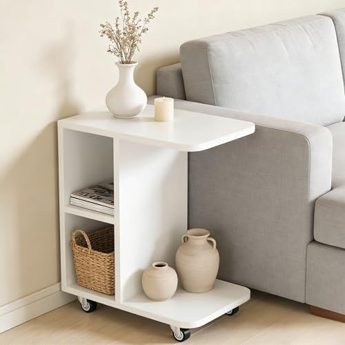 Anmas Power C-förmiger Sofa Beistelltisch mit 2 Stauraumregalen Side Table, Newspaper Stand, Coffee Table with Wheels, 40 x 28 x 53 cm(Weiß)
