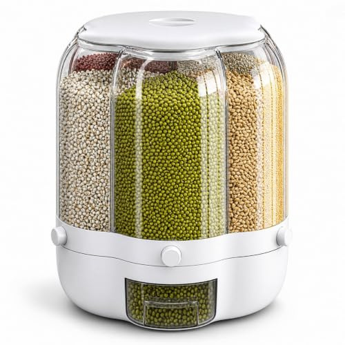 Culnflun 19.84Lbs Rotating Grain Storage Container, 6 Grid Large Grain Dispenser, 360° Rotating Dry Food Dispenser, Airtight Storage for Grains, Beans, Rice (White 18 pounds of transparent PETs to