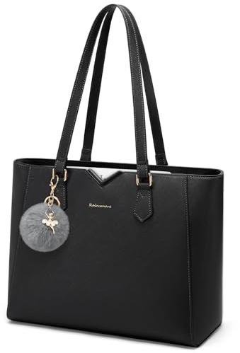 RAINSMORE Handbag for Women Large Tote Bags for Women Waterproof PU Leather Ladies laptop Tote handbag with Removable pom-pom for Work Business School Black