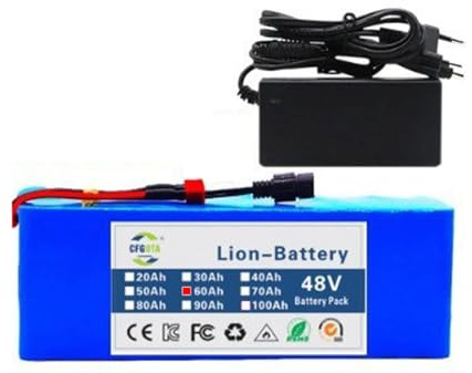 Batería de Bicicleta eléctrica 48V batería de Iones de Litio 100Ah/90Ah/60Ah/20Ah con Cargador de PVC Impermeable Alta capacidad para 200W 350W 400W 500W 750W 800W Motor 48V 60Ah,XT60