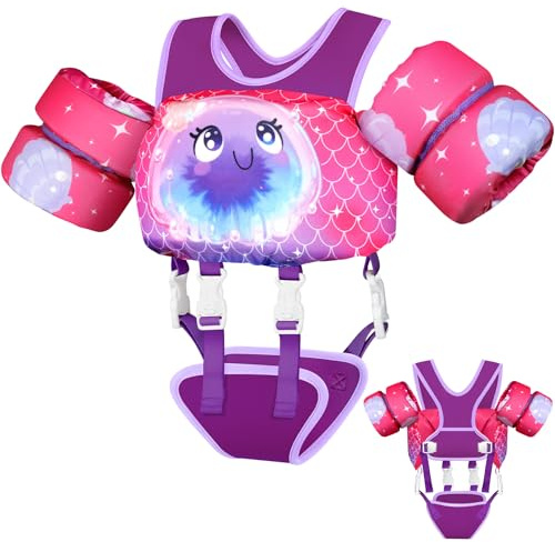 Vvinca Toddler Swim Vest for Kids 22-66 lbs, Comfort Toddlers Pool Floaties Jacket for Boys Girls with Adjustable Crotch Strap Sleeves Shoulder Fit for Ages 2-6 Learn to Swimming, Jellyfish